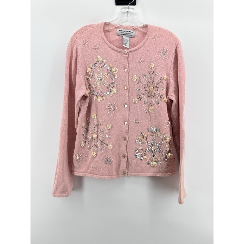 Heirloom Collectibles Pink Cardigan Sequin Bead Floral Design Buttons Size Mâ